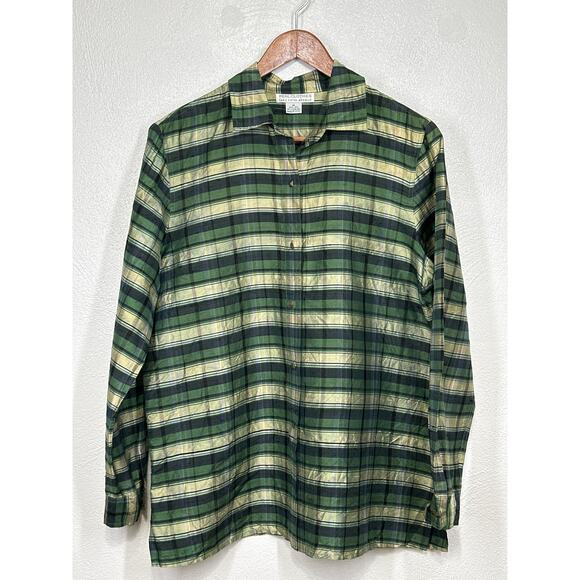 Real Clothes Saks Fifth Ave 100% Silk Blouse M Green Yellow Black Plaid Stripe - Picture 1 of 11